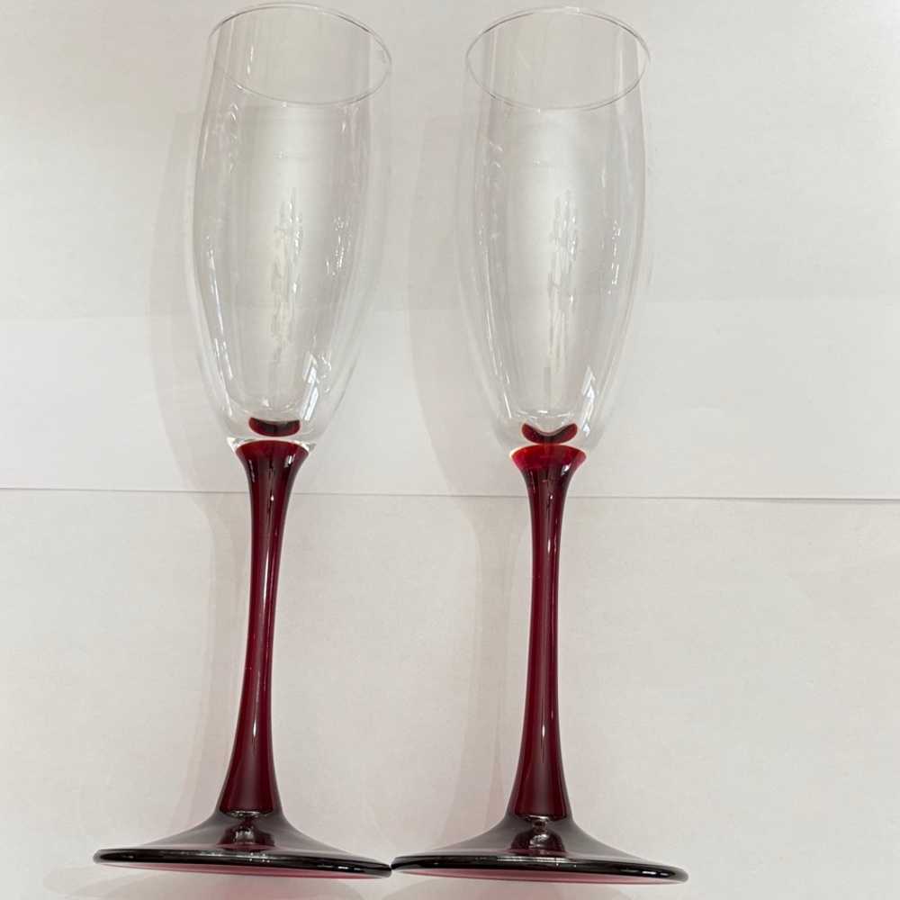 Vintage 1980s Ruby Red Stem Champagne Flutes – Set of 2 French Style Glasses